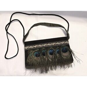 Comeco Green Velvet Peacock Feather Fringe Clutch Purse Evening‎ Bag